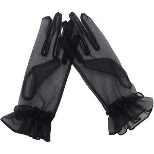 Women's Blue Ruffled Tulle Mesh Evening Short Gloves Wedding Party Prom